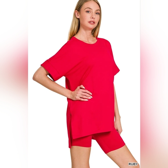 Zenana Full Size Brushed Dty Microfiber Round Neck Top and Biker Shorts Set Plus - Picture 2 of 3